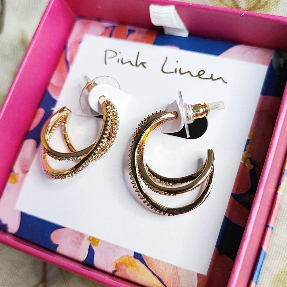 Pink Linen Brand Cubic Zirconia Curled Triple Gold Tone Plated Hoop Earrings NIB